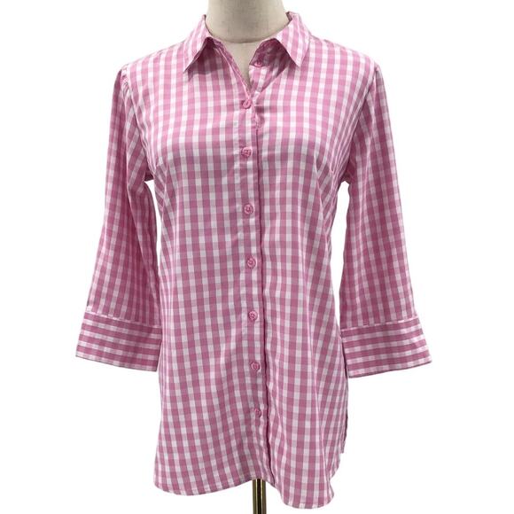 JOAN RIVERS SZ 2 XS Pink Gingham 3/4 Sleeve Collar Button-Up Top Blouse NEW b99 - Picture 1 of 6